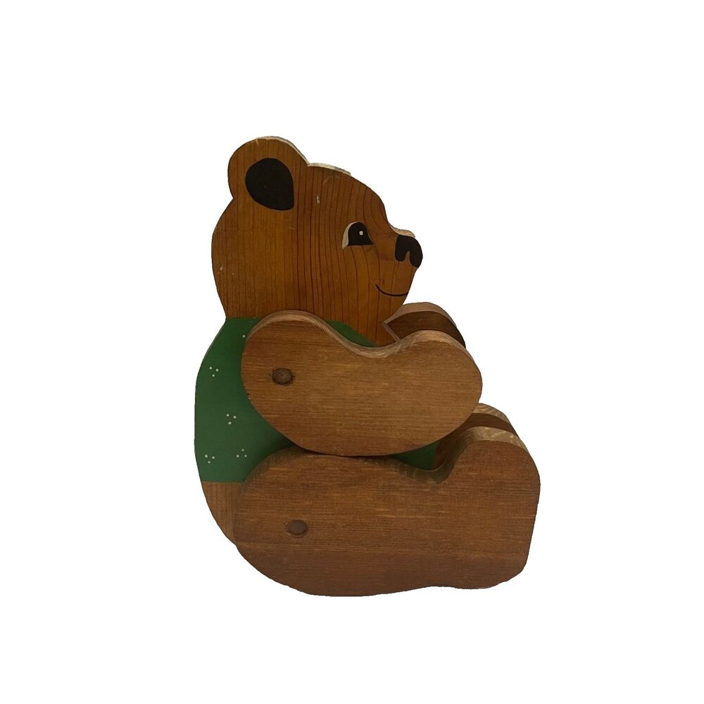 Vintage Wooden Teddy Bear Posable Display Handmade Cottagecore Primitive Decor